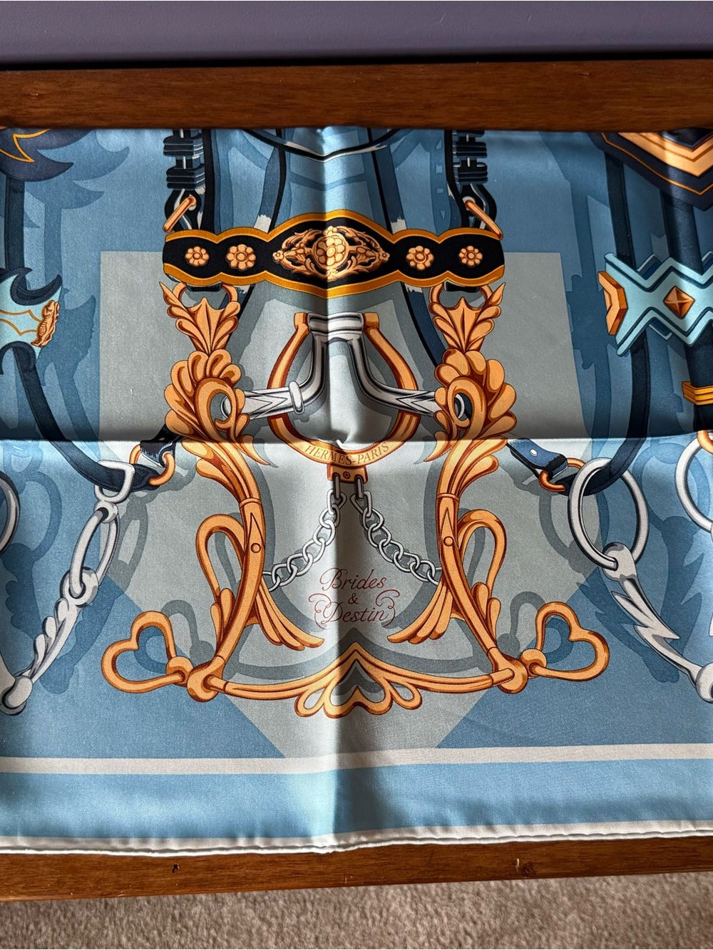 Hermès Silver-Tone Knot Buckle on Blue & Gold Silk Scarf